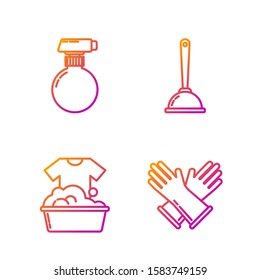 Set line Rubber gloves , Plastic basin with soap suds , Cleaning spray bottle with detergent liquid  and Toilet plunger. Gradient color icons. Vector