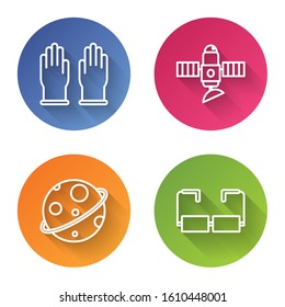 Set line Rubber gloves, Satellite, Planet and Glasses. Color circle button. Vector