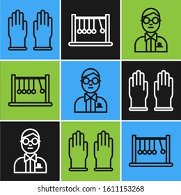 Set line Rubber gloves, Scientist and Pendulum icon. Vector