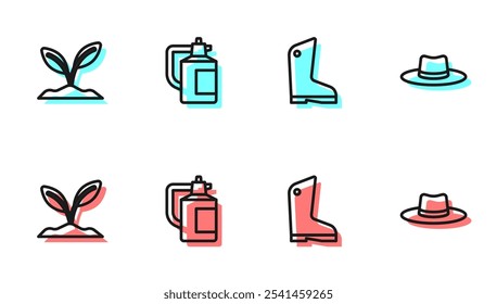 Set line Rubber gloves, Sprout, Garden sprayer for fertilizer and Gardener worker hat icon. Vector