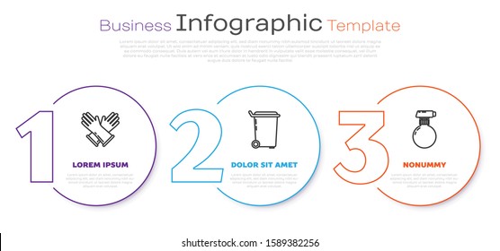 Set line Rubber gloves , Trash can  and Cleaning spray bottle with detergent liquid . Business infographic template. Vector