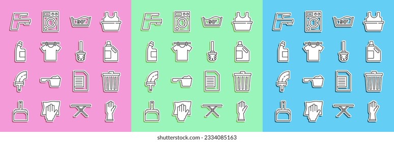 Fijar la línea Guantes de goma, Bañera de basura, Botella para el agente de limpieza, Lavado de temperatura, Ropa de secado, Grifo de agua e icono de pincel de inodoro. Vector