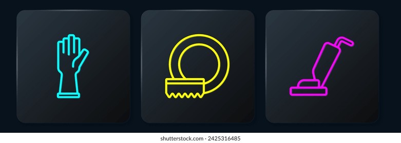 Set line Rubber gloves, Vacuum cleaner and Washing dishes. Black square button. Vector