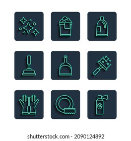 Set line Rubber gloves, Washing dishes, Air freshener spray bottle, Bottle for cleaning agent, Dustpan, plunger, Home service and cleaner windows icon. Vector