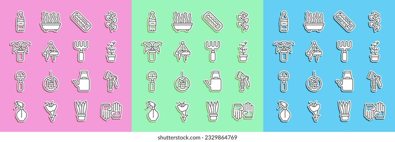 Set line Rubber gloves, Water spray bottle, Exotic tropical plant in pot, Meteorology thermometer, Plant hanging, Bottle of water and Garden rake icon. Vector