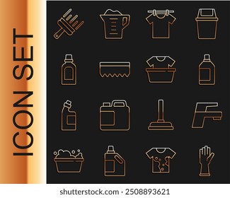 Set line Rubber gloves, Water tap, Bottle for cleaning agent, Drying clothes, Sponge, cleaner windows and Basin with shirt icon. Vector