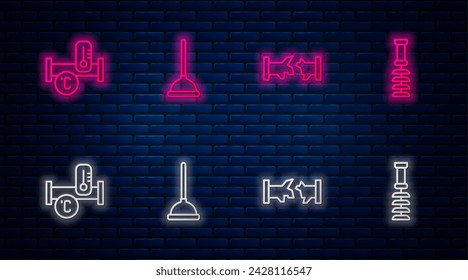 Set line Rubber plunger, Broken pipe, Industry metallic and Toilet brush. Glowing neon icon on brick wall. Vector