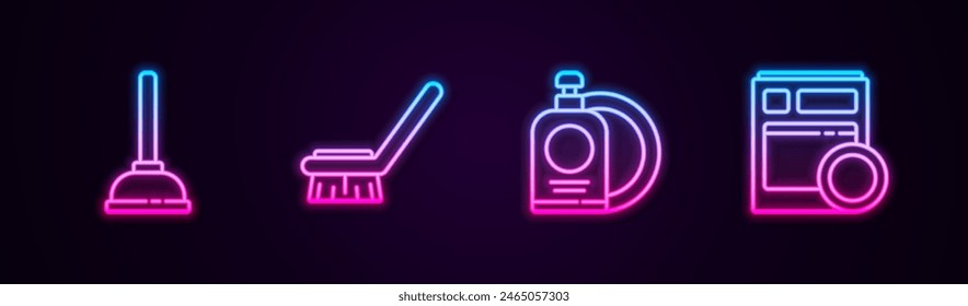 Set line Émbolo de goma, cepillo para la limpieza, botella de líquido de lavavajillas y placa y máquina de lavavajillas de cocina. Icono de neón brillante. Vector