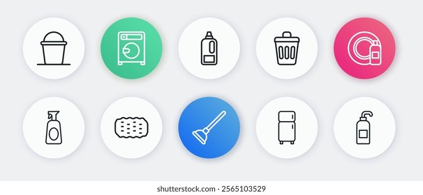 Set line Rubber plunger, Dishwashing bottle and plate, Cleaning spray with detergent, Refrigerator, Trash can, Bottle for, Antibacterial soap and Sponge icon. Vector