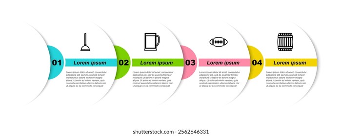 Set line Rubber plunger, Glass of beer, American Football ball and Wooden barrel. Business infographic template. Vector