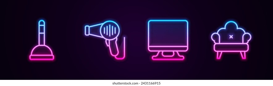 Set line Rubber plunger, Hair dryer, Smart Tv and Sofa. Glowing neon icon. Vector