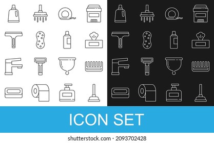 Set line Rubber plunger, Hairbrush, Wet wipe pack, Dental floss, Sponge, cleaner, Bottle for cleaning agent and  icon. Vector