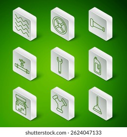 Set line Rubber plunger, Industry metallic pipe, Wave, Wrench spanner, and valve, Well and Container with drain cleaner icon. Vector