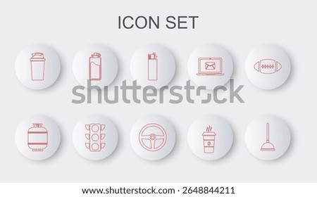 Set line Rubber plunger, Propane gas tank, Lighter, Coffee cup, Fitness shaker, Sport bottle with water, Traffic light and Steering wheel icon. Vector