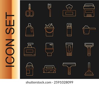 Set line Rubber plunger, Shaving razor, Washing powder, Wet wipe pack, Bucket with soap suds, Bottle for cleaning agent, Nail scissors and gel foam icon. Vector