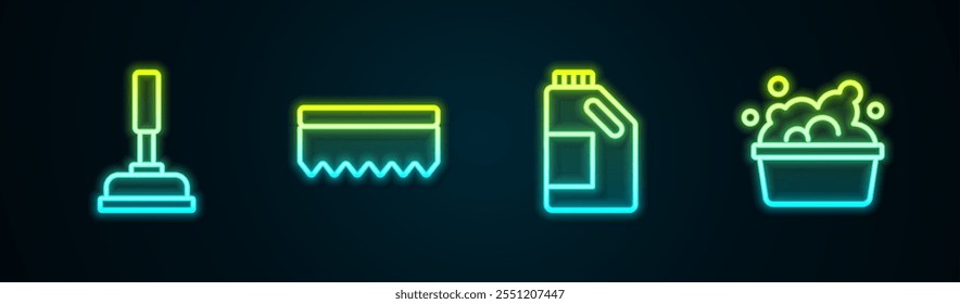 Set line Rubber plunger, Sponge, Bottle for cleaning agent and Basin with soap suds. Glowing neon icon. Vector