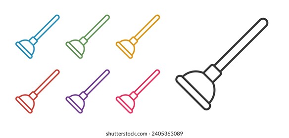 Set line Rubber plunger with wooden handle for pipe cleaning icon isolated on white background. Toilet plunger. Set icons colorful. Vector
