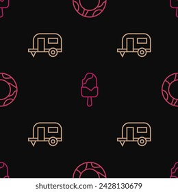 Set line Rubber swimming ring, Rv Camping trailer and Ice cream on seamless pattern. Vector