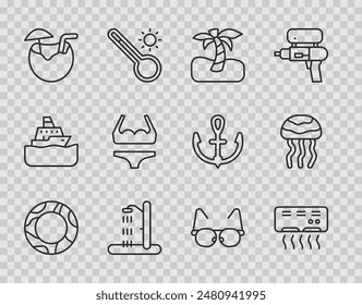 Set line Anillo de natación de goma, aire acondicionado, palmera tropical, ducha de playa, cóctel de coco, traje de baño, gafas y medusa icono. Vector