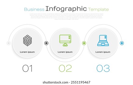 Cubo de Rubik de la línea del sistema, pantalla del monitor del ordenador y ordenador portátil. Plantilla de infografía de negocios. Vector