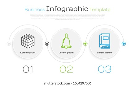 Set line Rubik cube, Ringing bell and Book. Business infographic template. Vector