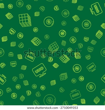 Set line Rubik cube, Uno card game and Billiard pool snooker ball on seamless pattern. Vector
