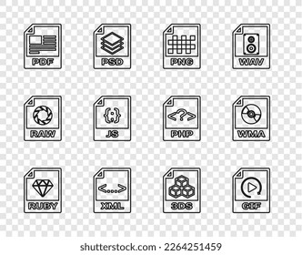 Set line RUBY file document, GIF, PNG, XML, PDF, JS, 3DS and WMA icon. Vector