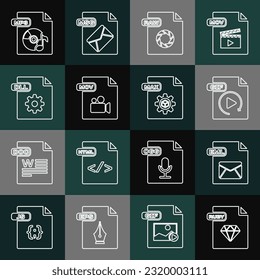 Set line RUBY file document, EML, GIF, RAW, MOV, DLL, MP3 and MAX icon. Vector