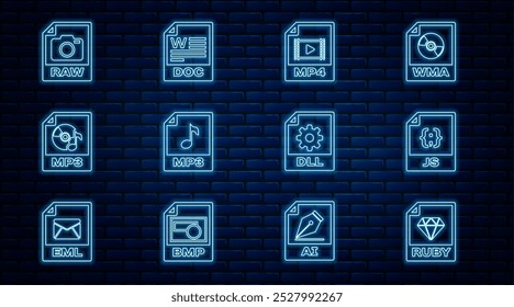 Set line RUBY file document, JS, MP4, MP3, RAW, DLL and DOC icon. Vector