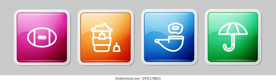 Set line Rugby ball, Coffee cup to go, Smoking pipe and Umbrella. Colorful square button. Vector