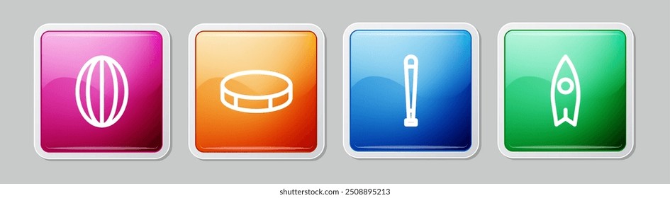 Set line Rugby ball, Hockey puck, Baseball bat and Surfboard. Colorful square button. Vector