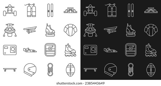 Set line Rugby ball, Roller skate, Parachute, Ski and sticks, Hang glider, Snowmobile, ATV motorcycle and Skates icon. Vector