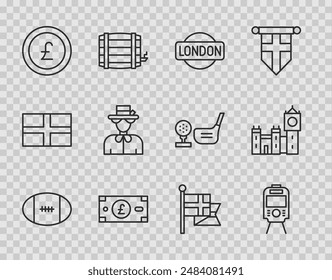 Set line Rugby ball, Tram and railway, London sign, Pound sterling money, Coin with pound, Queen Elizabeth, England flag flagpole and Big Ben tower icon. Vector