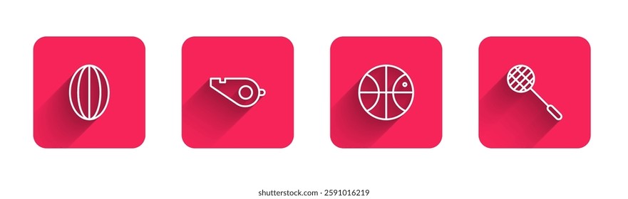 Set line Rugby ball, Whistle, Basketball and Tennis racket with long shadow. Red square button. Vector