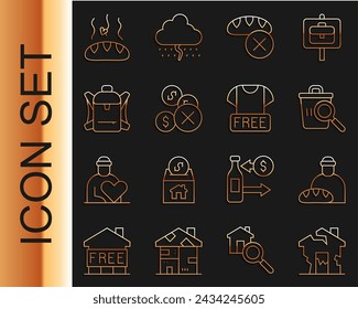 Set line Ruined house, Feeding the homeless, Searching for food, Donation, No money, Hiking backpack,  and Clothes donation icon. Vector