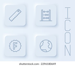 Set line Ruler, Abacus, Exam paper with incorrect answers and Earth globe. White square button. Vector
