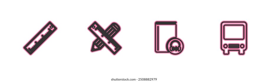Establecer la Regla de línea, libro de audio, Regla cruzada y lápiz e icono de autobús. Vector