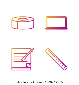 Set line Ruler, Blank notebook and pen, Scotch and Laptop. Gradient color icons. Vector