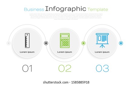 Set line Ruler, Calculator and Presentation financial board with graph, schedule, chart, diagram, infographic, pie graph. Business infographic template. Vector
