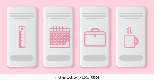 Set line Ruler, Calendar, Briefcase and Coffee cup. White rectangle button. Vector