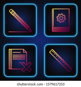 Set line Ruler, Delete file document, Pencil with eraser and line and User manual. Gradient color icons. Vector