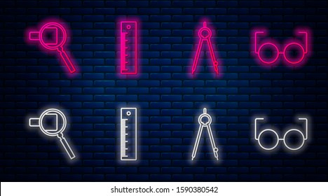 Set line Ruler, Drawing compass, Magnifying glass and Glasses. Glowing neon icon on brick wall. Vector