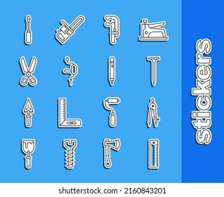 Set line Ruler, Drawing compass, Metallic nail, Clamp tool, Hand drill, Scissors, Screwdriver and Pencil with eraser icon. Vector