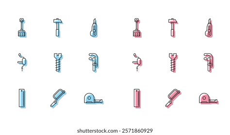 Set line Ruler, Hacksaw, Snow shovel, Roulette construction, Metallic screw, Clamp tool, Hand drill and Hammer icon. Vector