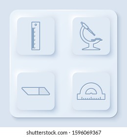 Set line Ruler, Microscope, Eraser or rubber and Protractor grid for measuring degrees. White square button. Vector