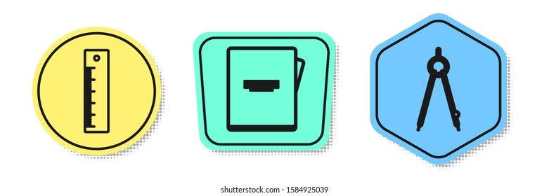Set line Ruler, Notebook and Drawing compass. Colored shapes. Vector