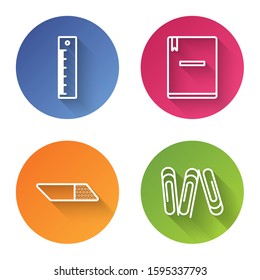 Set line Ruler, Notebook, Eraser or rubber and Paper clip. Color circle button. Vector