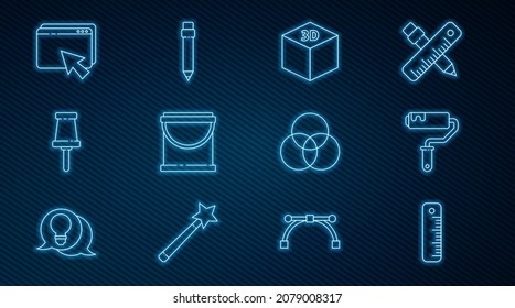 Set line Ruler, Paint roller brush, Isometric cube, bucket, Push pin, Web design and development, RGB CMYK color mixing and Pencil with eraser icon. Vector