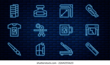 Set line Ruler, Plotter, Paper size, roll of printing press, T-shirt, Pantone, Coffee cup and Ink bottle icon. Vector
