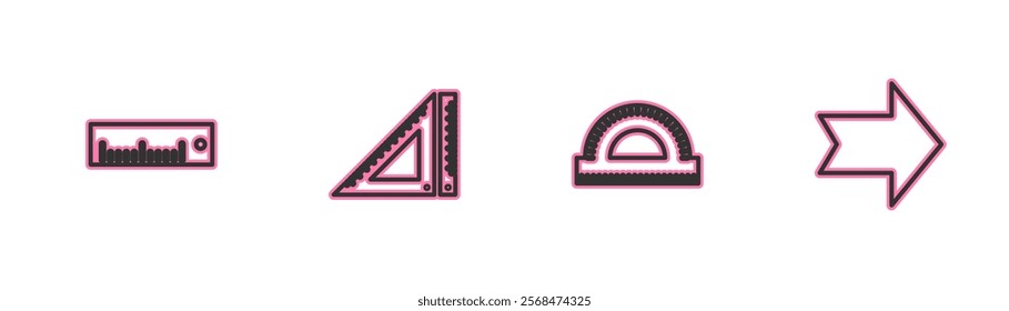 Set line Ruler, Protractor grid, Triangular ruler and Arrow icon. Vector